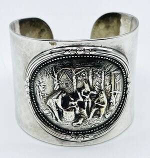 Hammered Repousse Cuff Bracelet J. Th. S. Denmark Silver Plate 1970s MCM Vintage